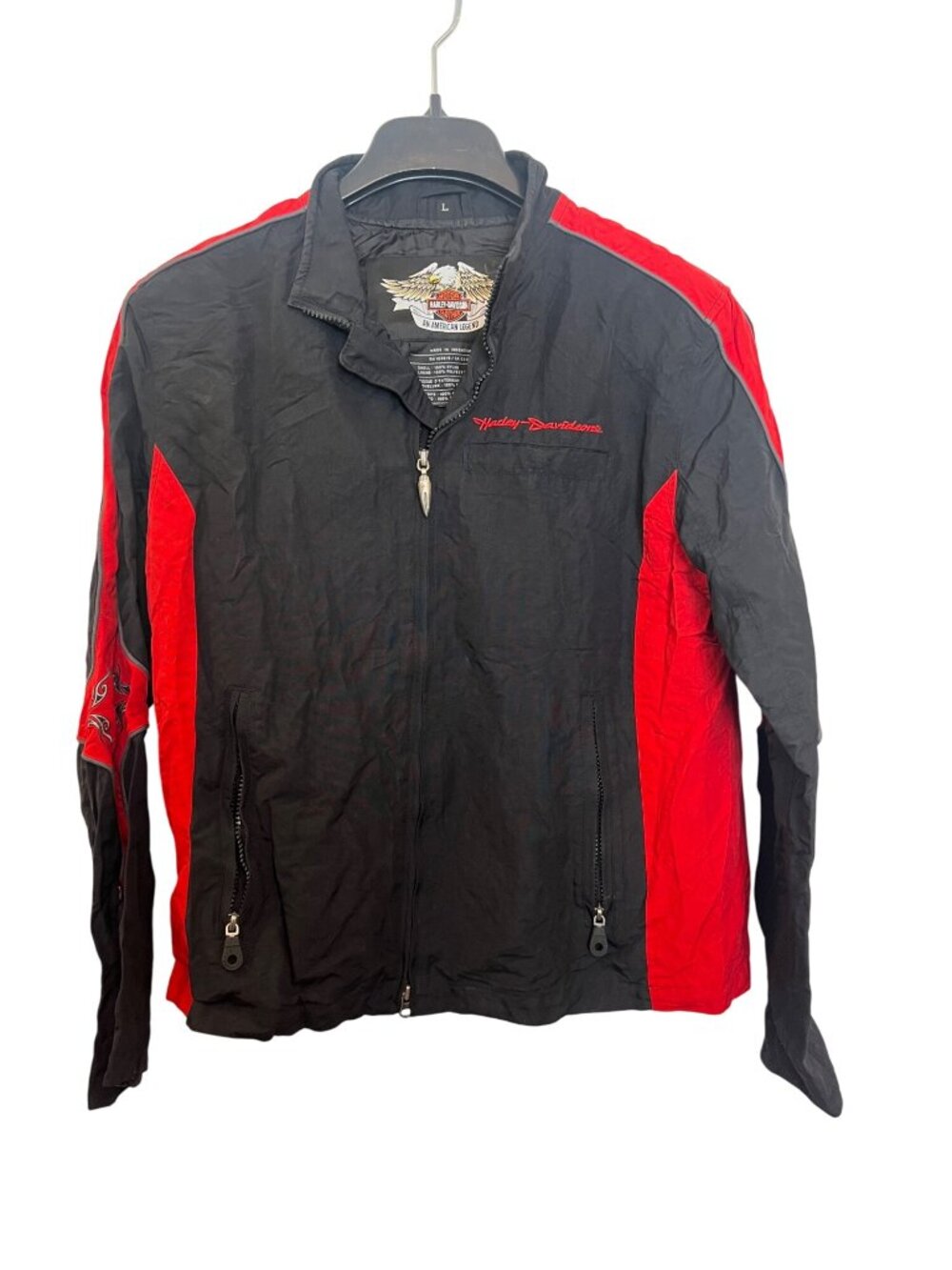 Harley-Davidson Black & Red Nylon Jacket With Embroidered Logos & Zip Closure -